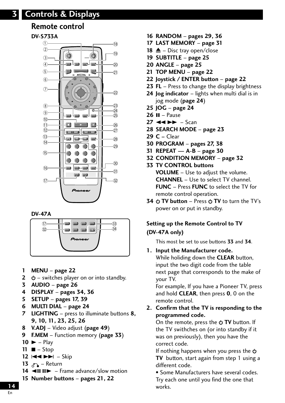 Remote control, Controls & displays 3 remote control, This most be set to use buttons 33 and 34 | Pioneer DV-S733A User Manual | Page 14 / 72
