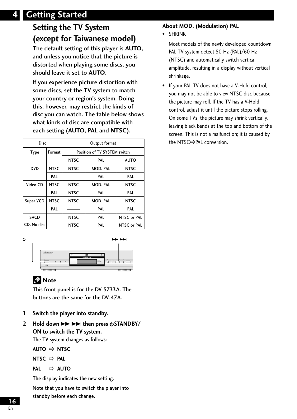 Setting the tv system, Except for taiwanese model) | Pioneer DV-S733A User Manual | Page 16 / 72