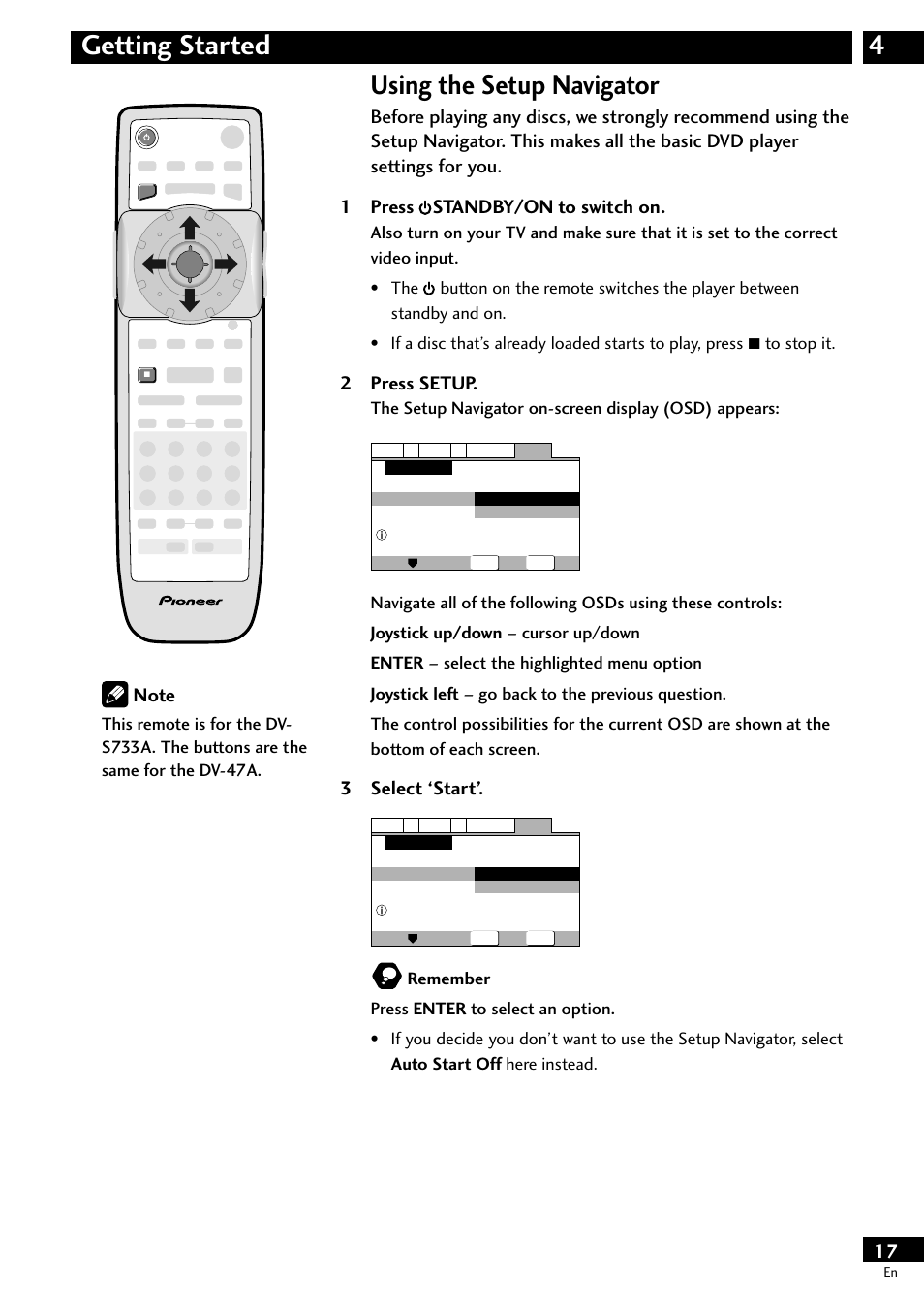 Using the setup navigator, 4getting started, 2 press setup | 3 select ‘start | Pioneer DV-S733A User Manual | Page 17 / 72