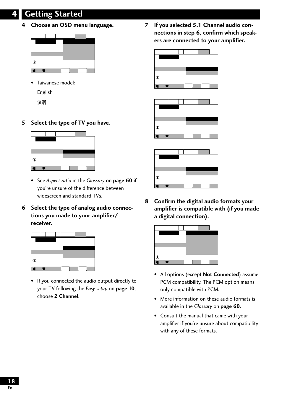 Getting started 4, 4 choose an osd menu language, 5 select the type of tv you have | Taiwanese model: english | Pioneer DV-S733A User Manual | Page 18 / 72