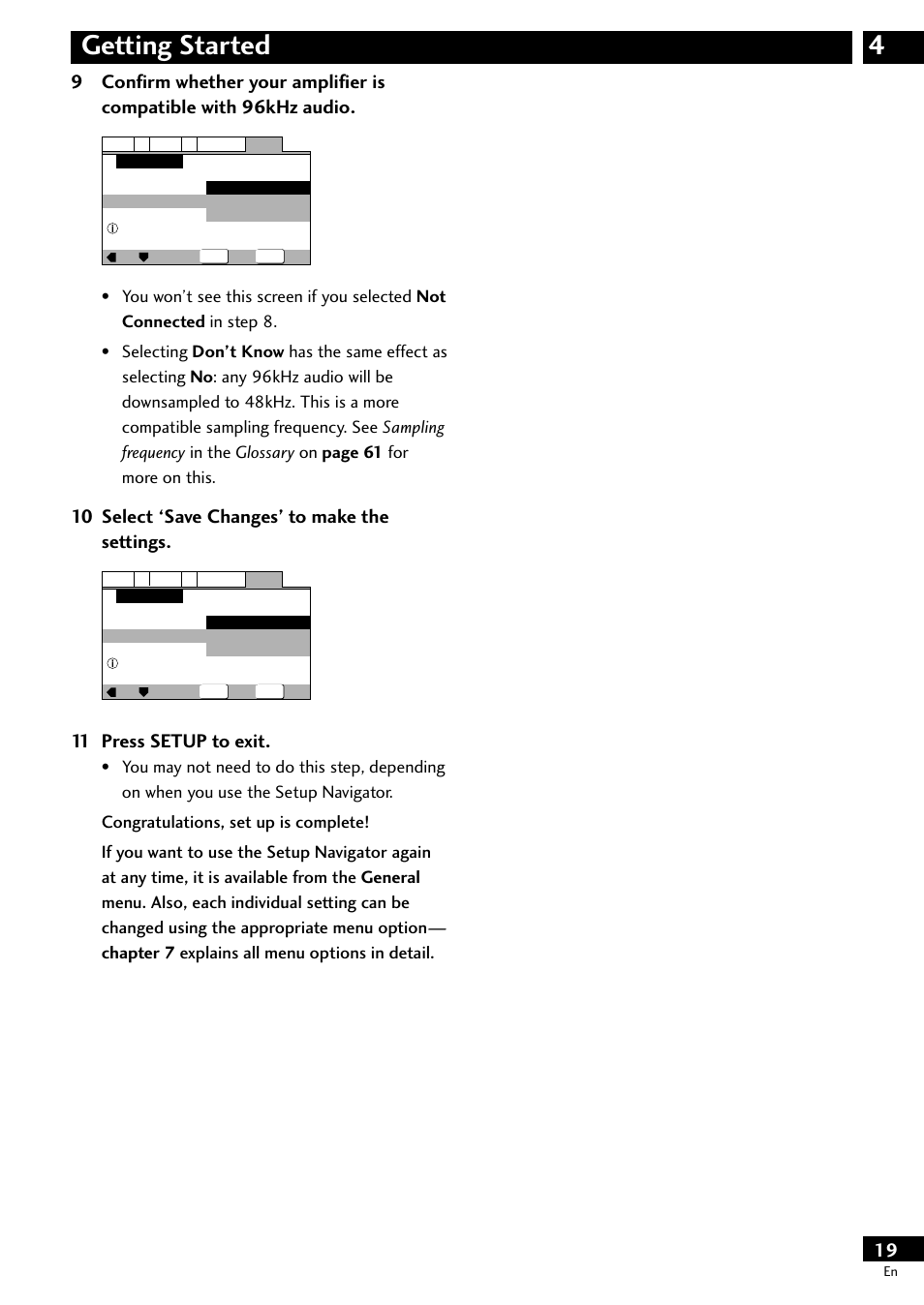 4getting started, 10 select ‘save changes’ to make the settings, 11 press setup to exit | Pioneer DV-S733A User Manual | Page 19 / 72