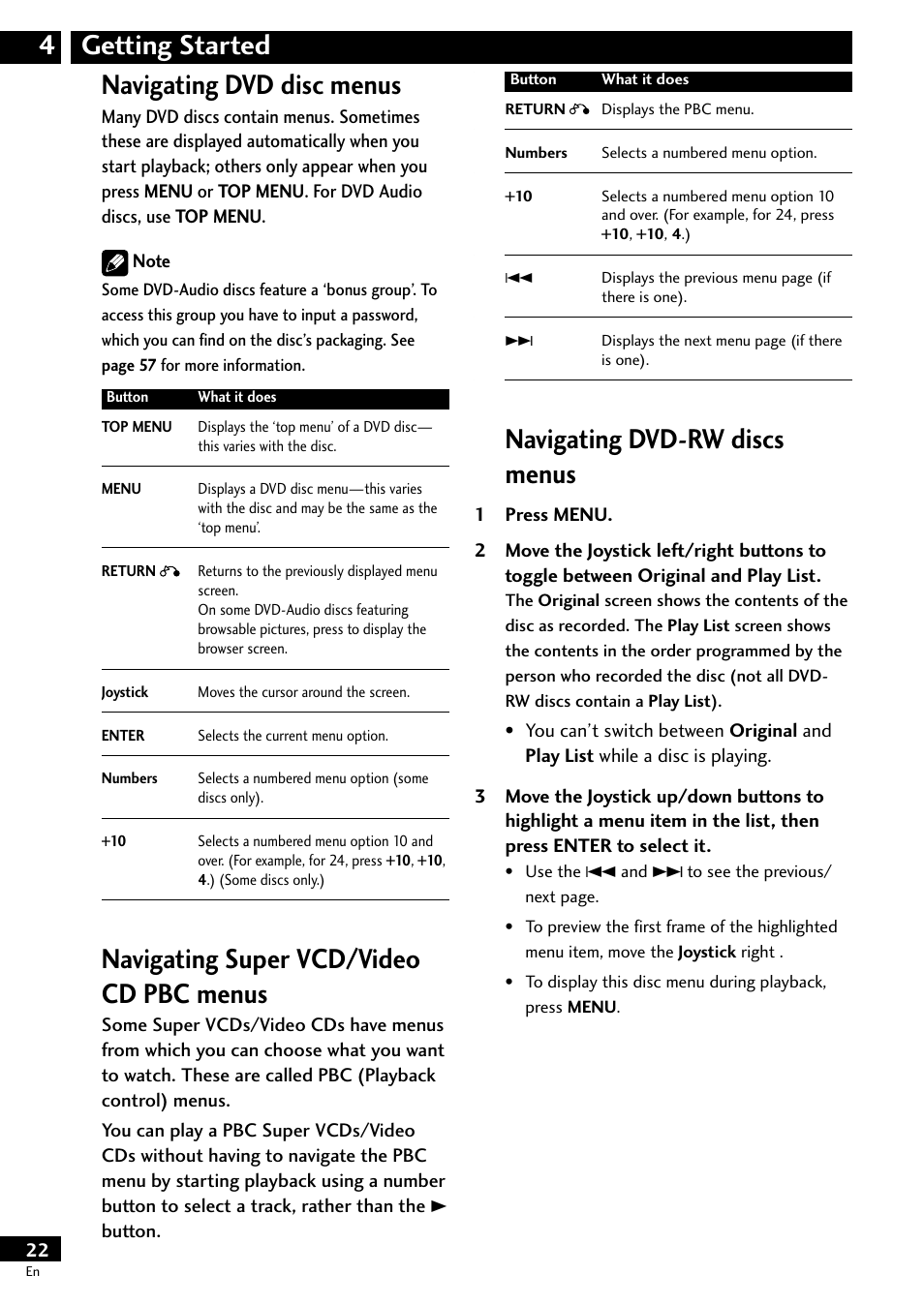 Navigating dvd disc menus, Navigating super vcd/video cd pbc menus, Navigating dvd-rw discs menus | Getting started 4 navigating dvd disc menus | Pioneer DV-S733A User Manual | Page 22 / 72