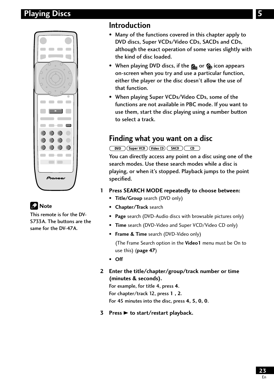 Introduction, Finding what you want on a disc, 5playing discs | Pioneer DV-S733A User Manual | Page 23 / 72