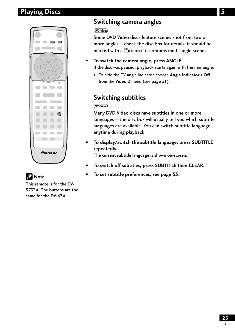 Switching camera angles, Switching subtitles, 5playing discs | Pioneer DV-S733A User Manual | Page 25 / 72