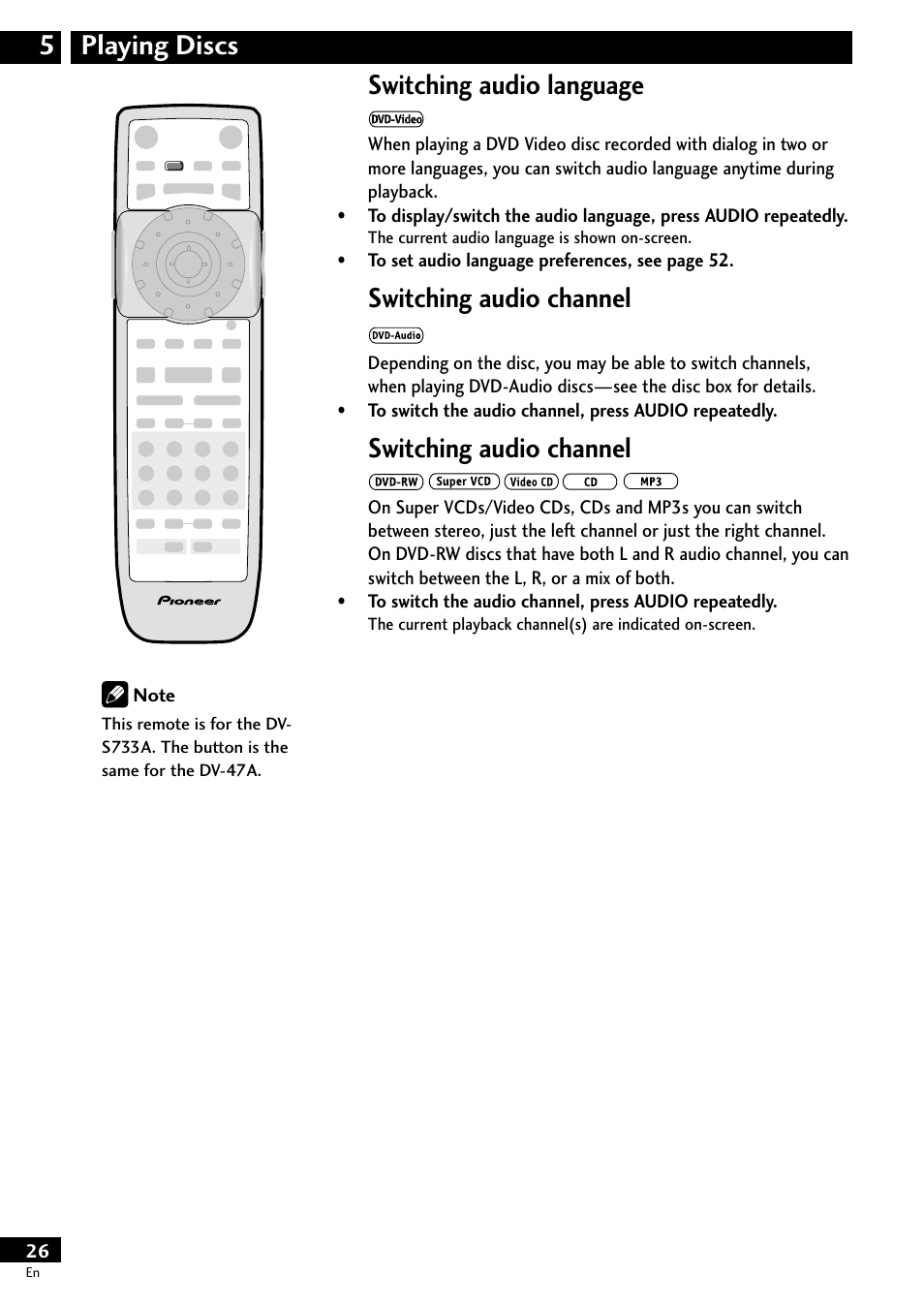 Switching audio language, Switching audio channel (dvd-audio), Switching audio channel | Dvd-rw/super vcd/video cd/cd/mp3), Playing discs 5 switching audio language | Pioneer DV-S733A User Manual | Page 26 / 72