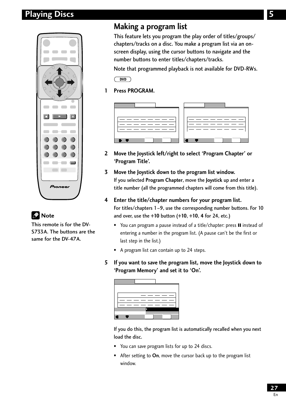 Making a program list, 5playing discs | Pioneer DV-S733A User Manual | Page 27 / 72