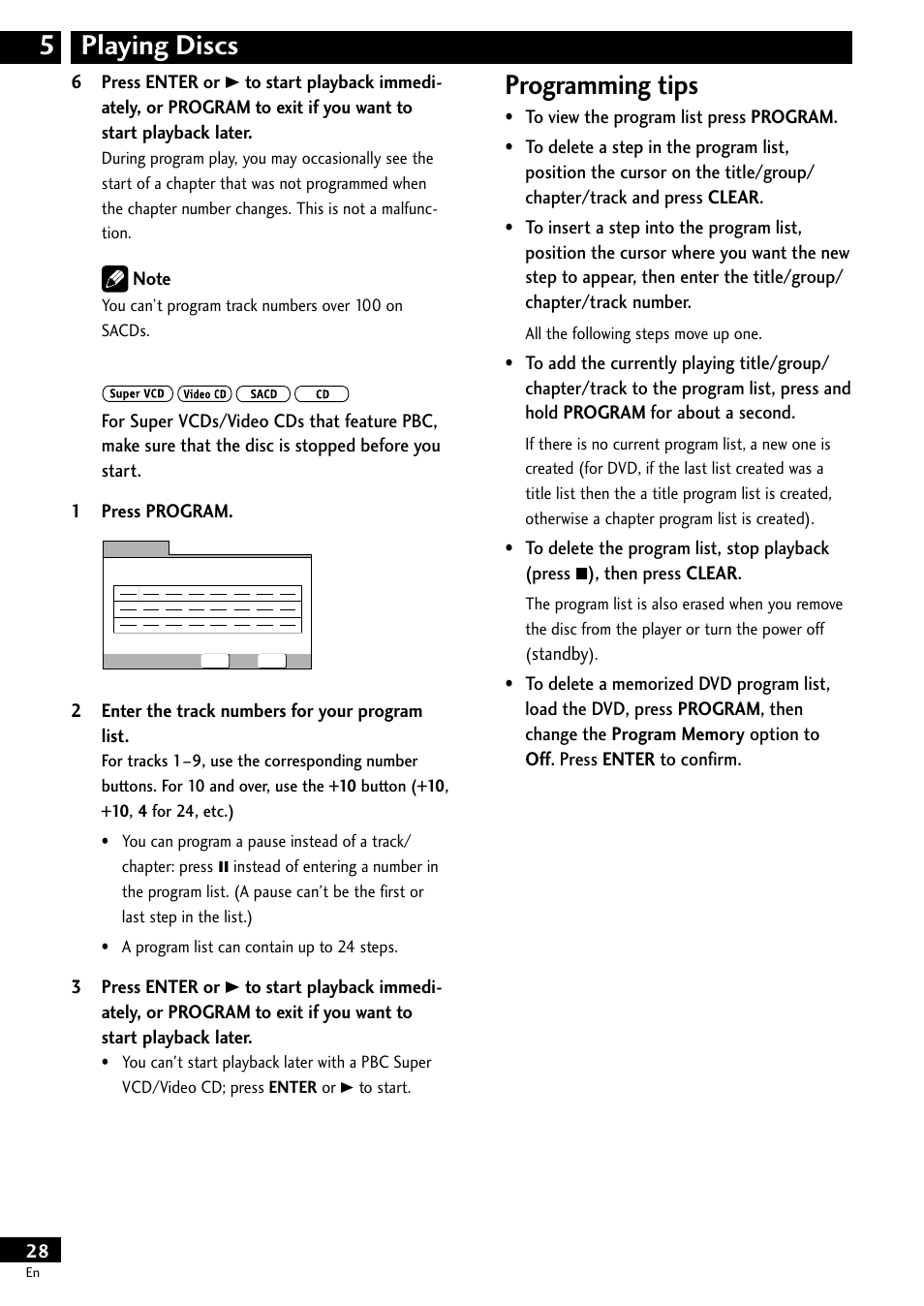 Programming tips, Playing discs 5 | Pioneer DV-S733A User Manual | Page 28 / 72