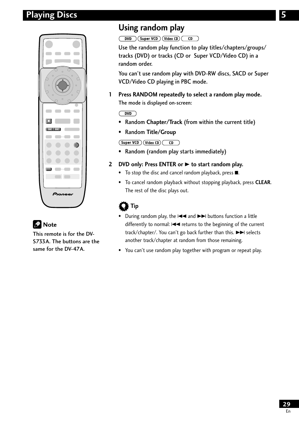 Using random play, 5playing discs using random play | Pioneer DV-S733A User Manual | Page 29 / 72