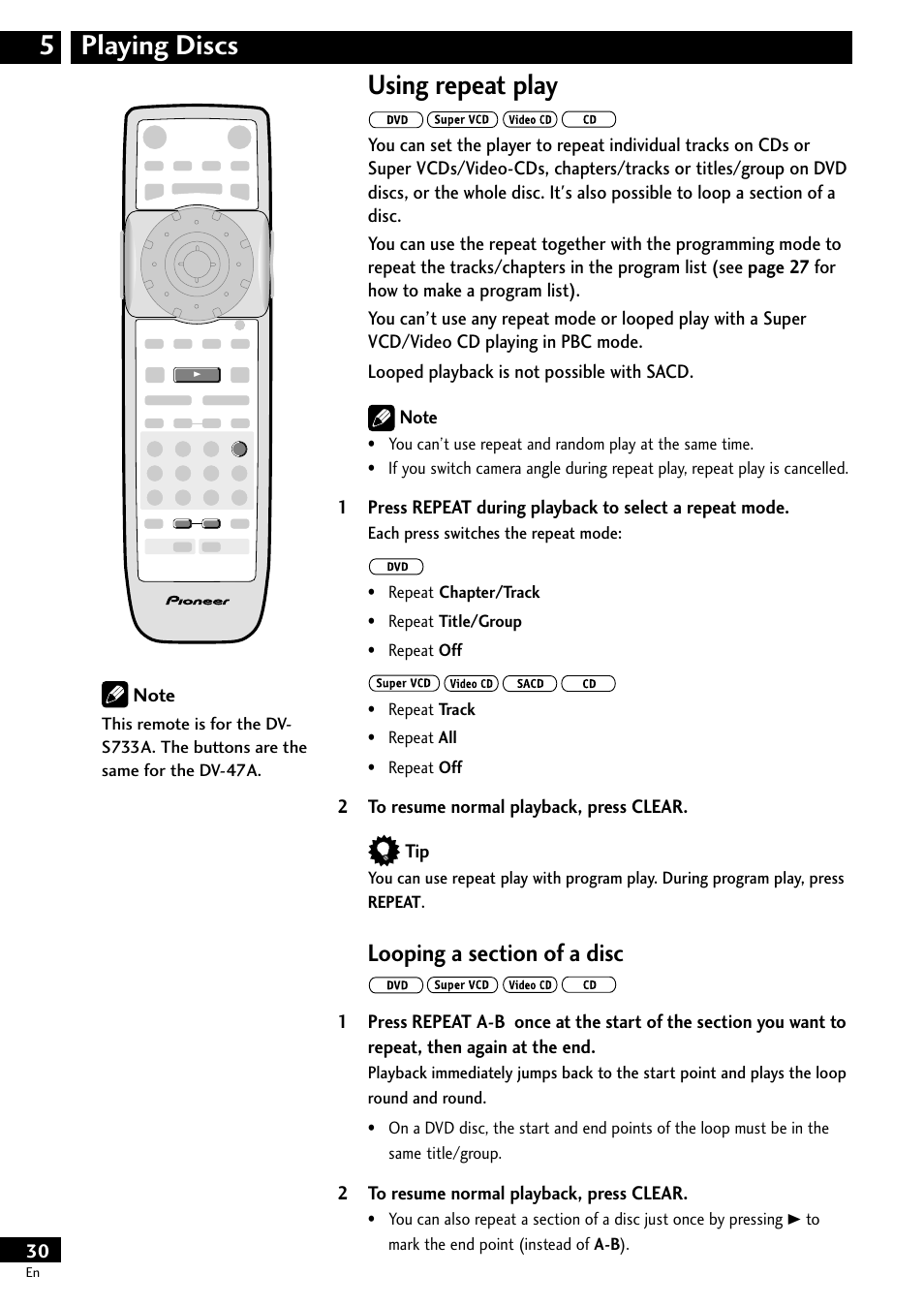 Using repeat play, Playing discs 5 | Pioneer DV-S733A User Manual | Page 30 / 72