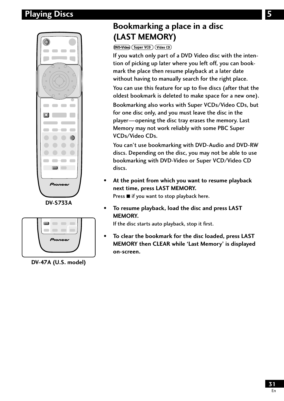 Bookmarking a place in a disc, Last memory), 5playing discs | Pioneer DV-S733A User Manual | Page 31 / 72