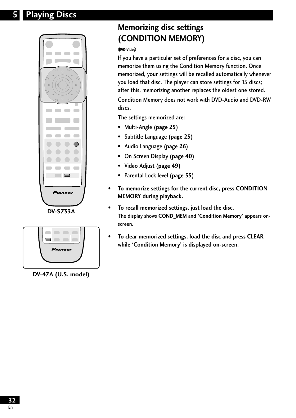 Memorizing disc settings, Condition memory), Playing discs 5 | Pioneer DV-S733A User Manual | Page 32 / 72