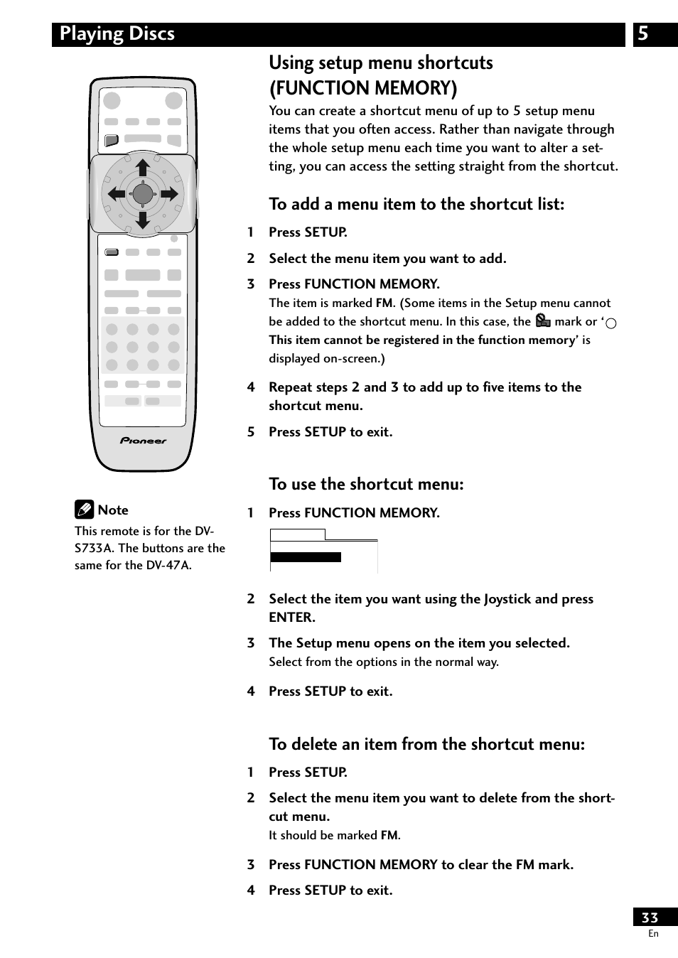 Using setup menu shortcuts, Function memory) | Pioneer DV-S733A User Manual | Page 33 / 72