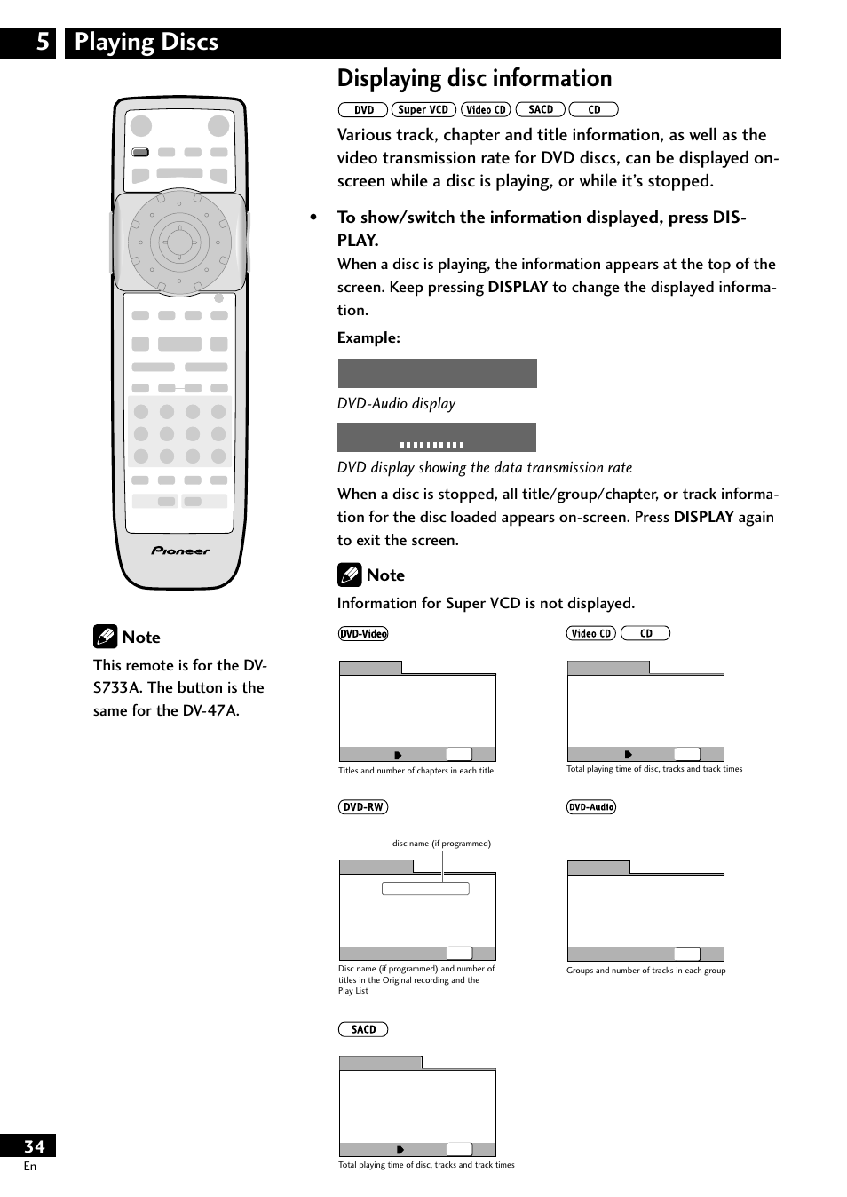Displaying disc information, Playing discs 5, Dvd-audio display | Information for super vcd is not displayed | Pioneer DV-S733A User Manual | Page 34 / 72