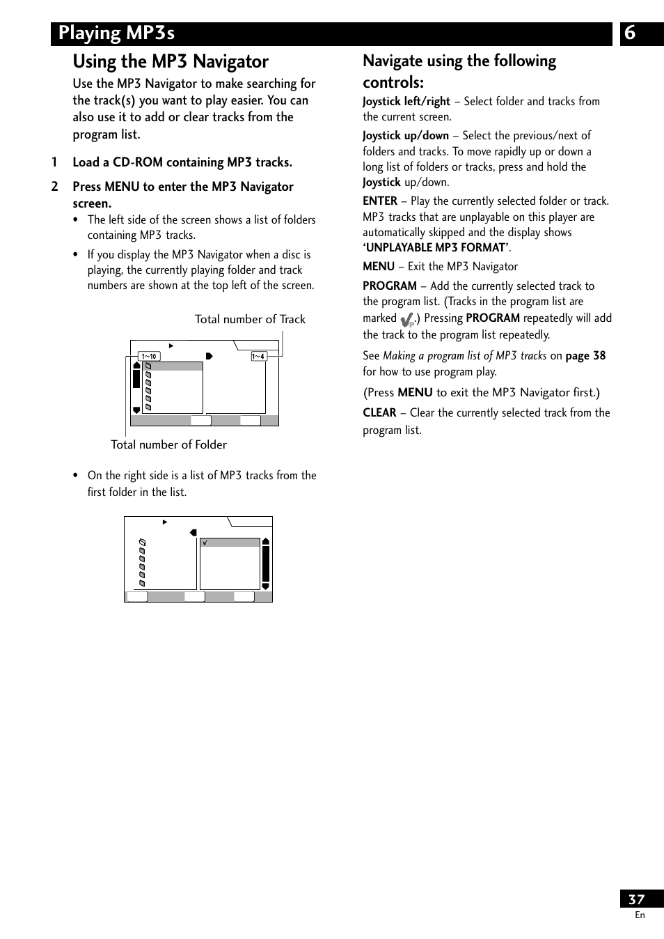 Using the mp3 navigator, 6playing mp3s using the mp3 navigator, Navigate using the following controls | Pioneer DV-S733A User Manual | Page 37 / 72