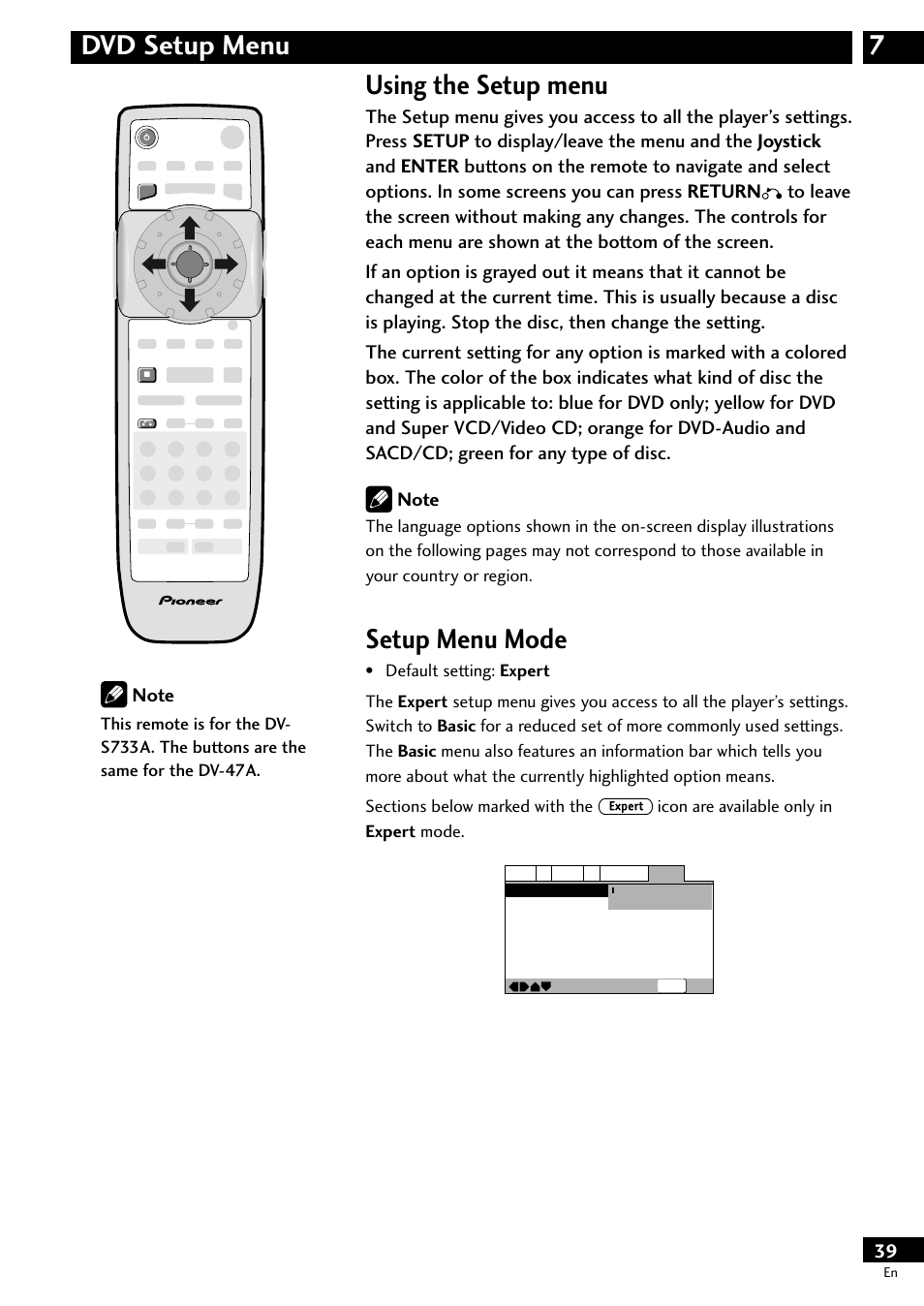 Using the setup menu, Setup menu mode, 7dvd setup menu using the setup menu | Pioneer DV-S733A User Manual | Page 39 / 72