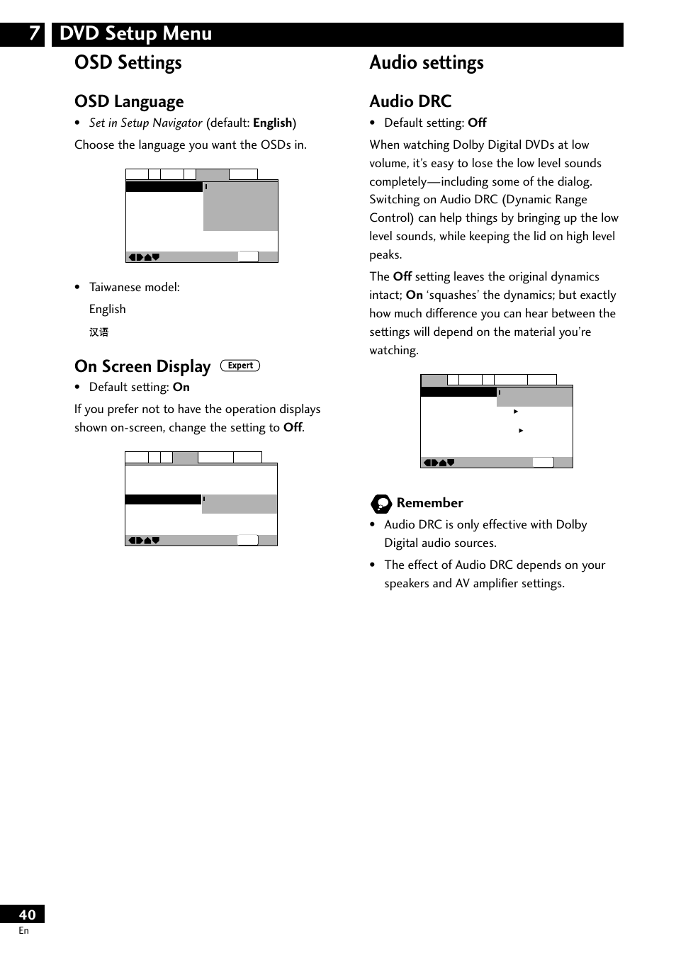 Osd settings, Audio settings, Dvd setup menu 7 osd settings | Osd language, On screen display, Audio drc, Remember, Taiwanese model: english | Pioneer DV-S733A User Manual | Page 40 / 72