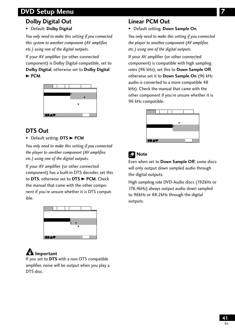 7dvd setup menu, Dolby digital out, Dts out | Linear pcm out, Important | Pioneer DV-S733A User Manual | Page 41 / 72