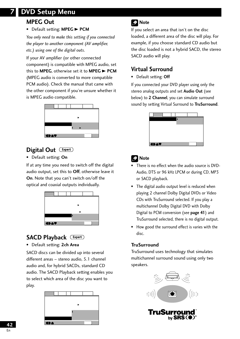 Dvd setup menu 7, Mpeg out, Digital out | Sacd playback, Virtual surround, Trusurround | Pioneer DV-S733A User Manual | Page 42 / 72