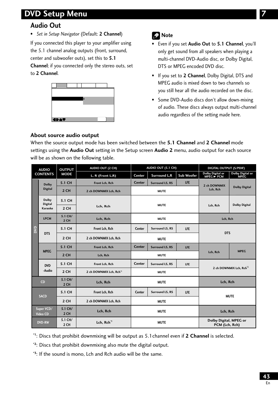 7dvd setup menu, Audio out, About source audio output | Pioneer DV-S733A User Manual | Page 43 / 72