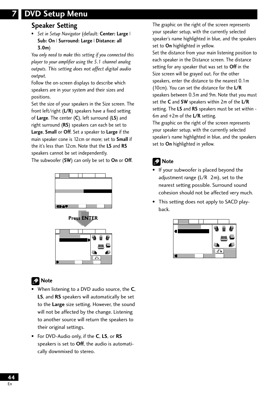 Dvd setup menu 7, Speaker setting, Press enter | Pioneer DV-S733A User Manual | Page 44 / 72