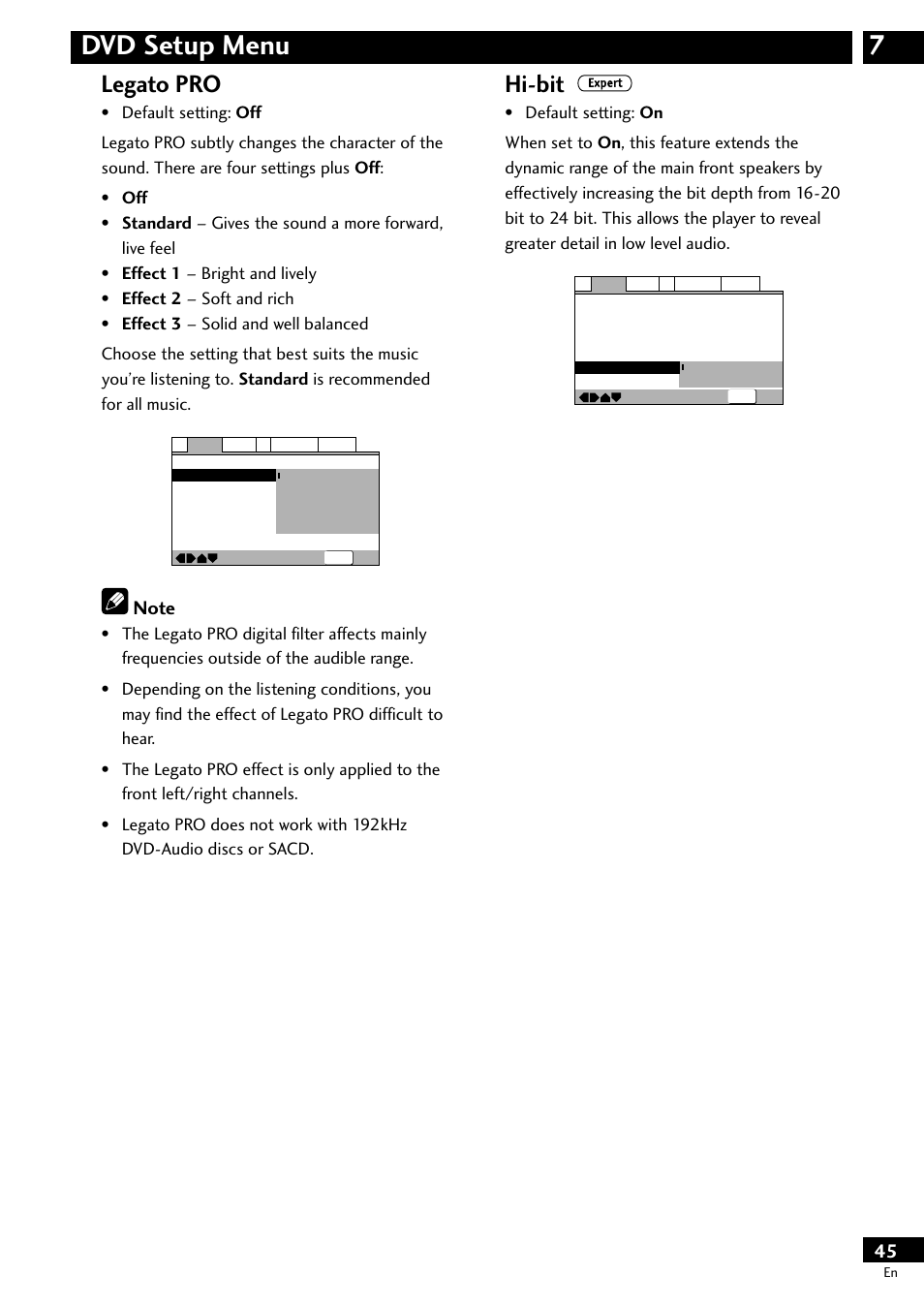7dvd setup menu, Legato pro, Hi-bit | Pioneer DV-S733A User Manual | Page 45 / 72