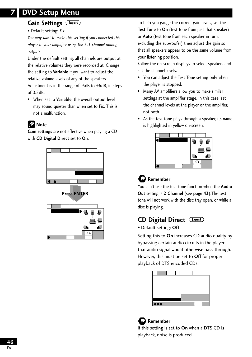 Dvd setup menu 7, Gain settings, Cd digital direct | Remember | Pioneer DV-S733A User Manual | Page 46 / 72
