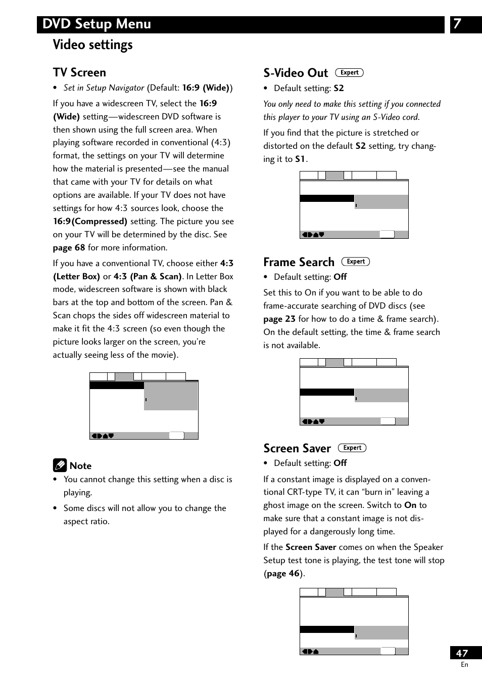 Video settings, 7dvd setup menu video settings, Tv screen | S-video out, Frame search, Screen saver | Pioneer DV-S733A User Manual | Page 47 / 72