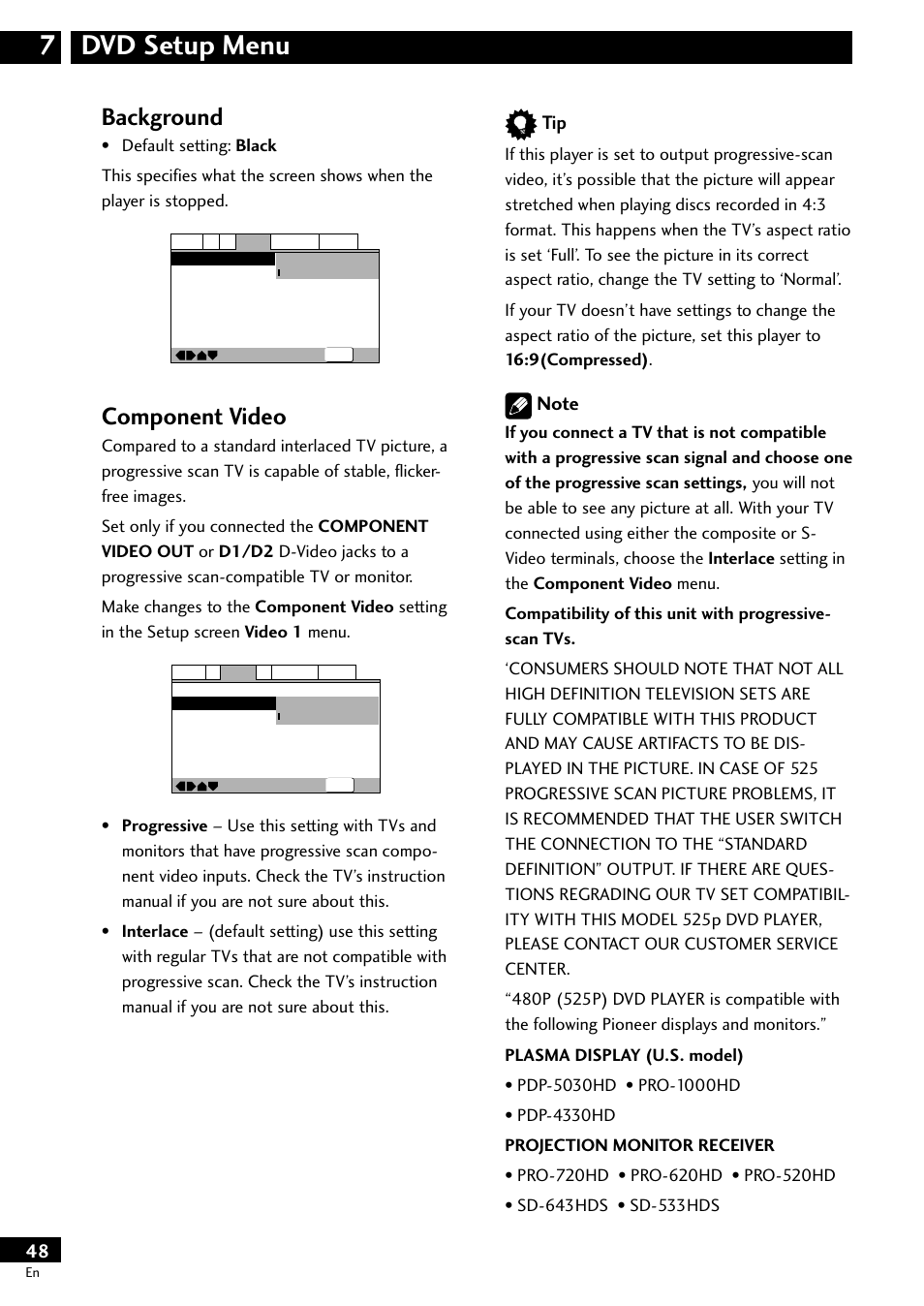 Dvd setup menu 7, Background, Component video | Pioneer DV-S733A User Manual | Page 48 / 72