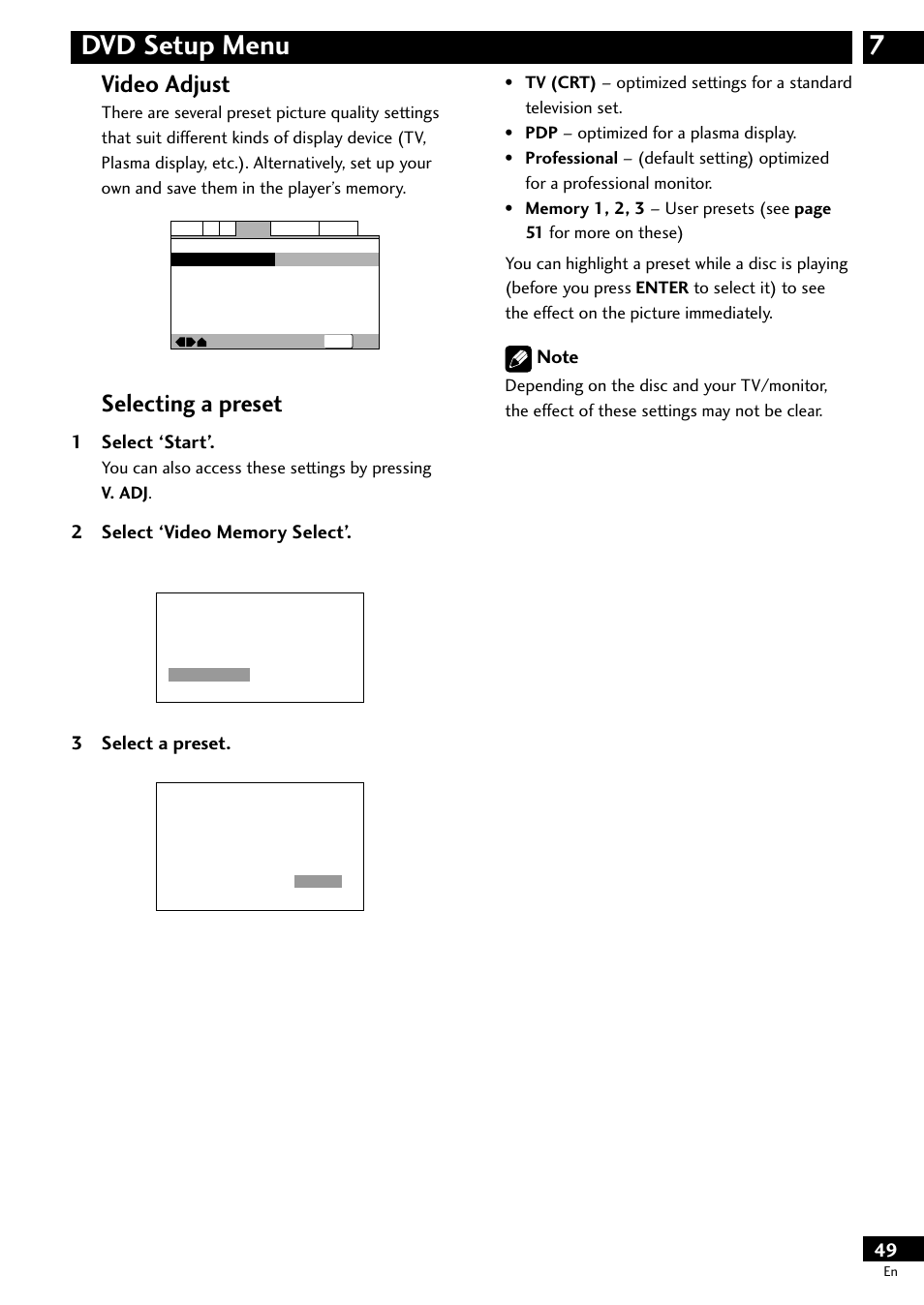 7dvd setup menu, Video adjust, Selecting a preset | 1 select ‘start, 3 select a preset | Pioneer DV-S733A User Manual | Page 49 / 72