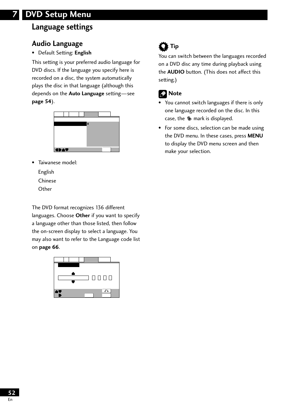 Language settings, Dvd setup menu 7 language settings, Audio language | Pioneer DV-S733A User Manual | Page 52 / 72
