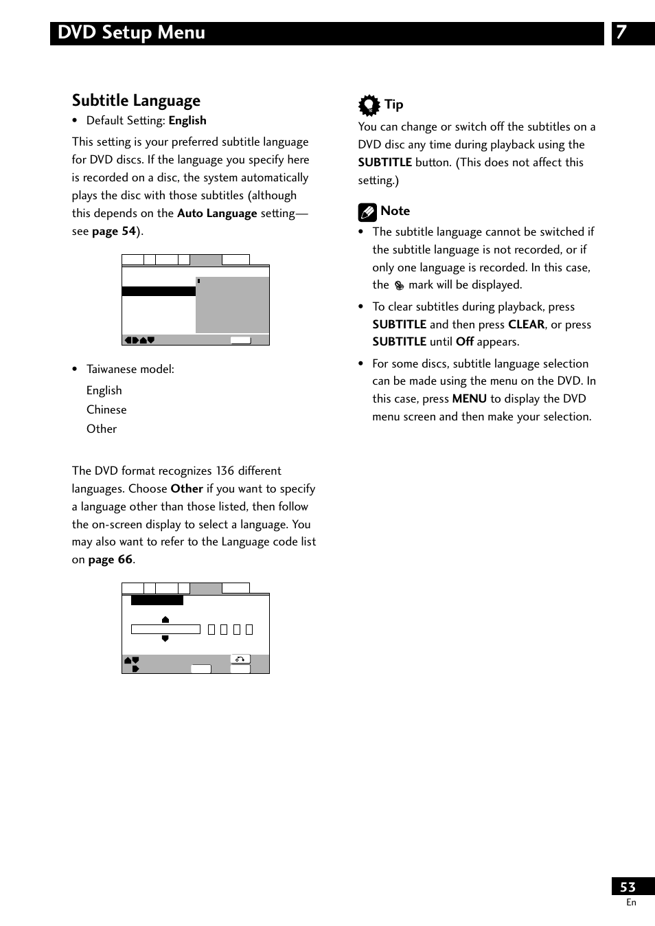 7dvd setup menu, Subtitle language | Pioneer DV-S733A User Manual | Page 53 / 72