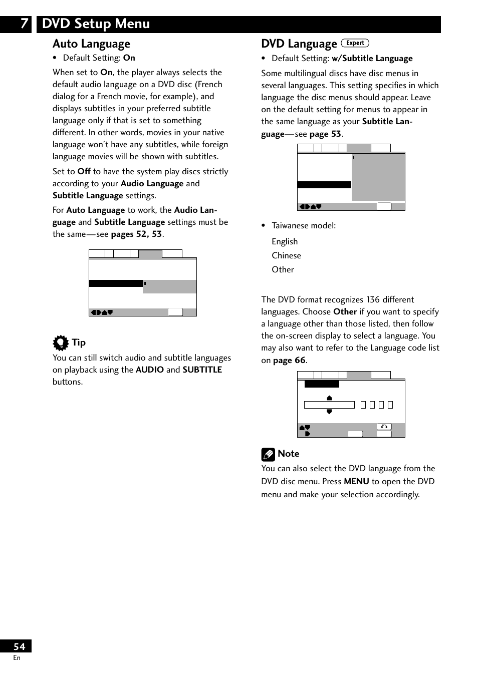 Dvd setup menu 7, Auto language, Dvd language | Pioneer DV-S733A User Manual | Page 54 / 72