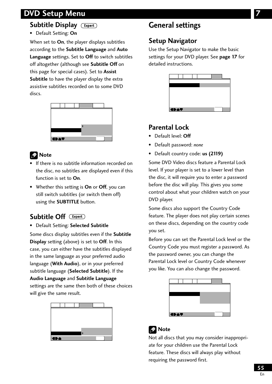 General settings, 7dvd setup menu general settings, Setup navigator | Parental lock, Subtitle display, Subtitle off | Pioneer DV-S733A User Manual | Page 55 / 72