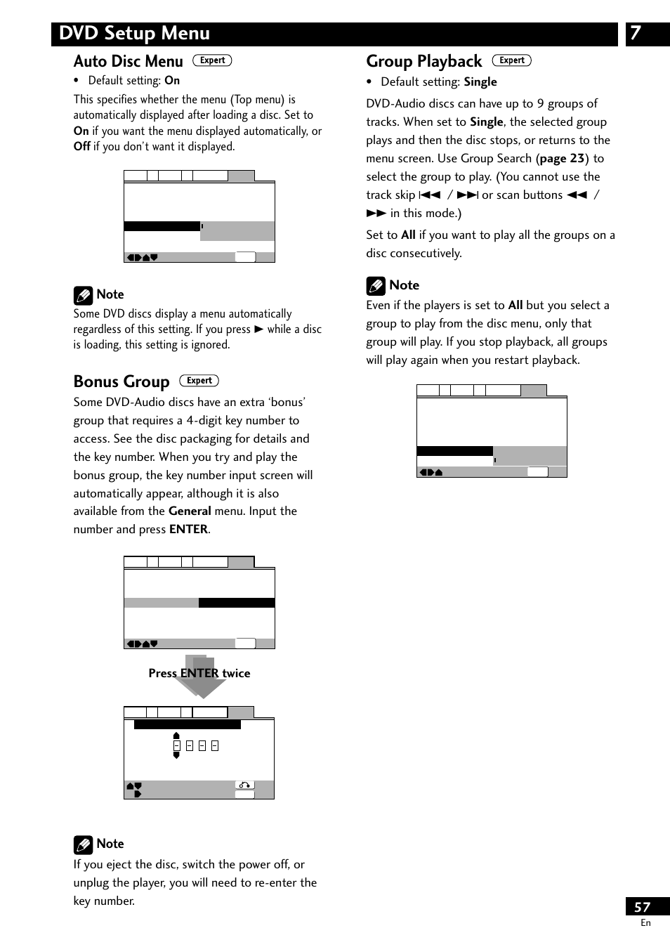 7dvd setup menu, Auto disc menu, Bonus group | Group playback, Press enter twice | Pioneer DV-S733A User Manual | Page 57 / 72