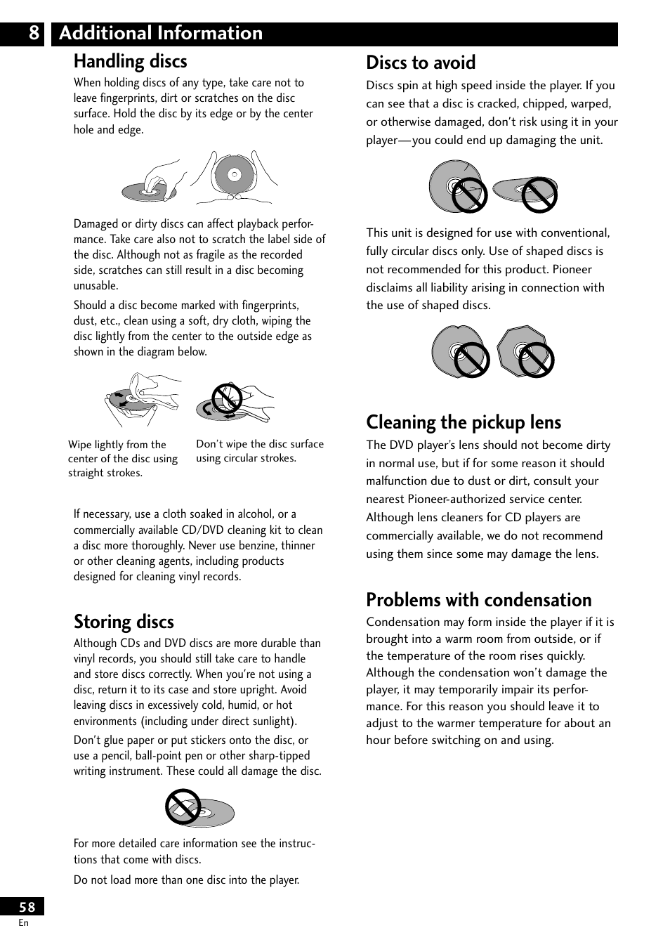 Handling discs, Storing discs, Discs to avoid | Cleaning the pickup lens, Problems with condensation, Additional information 8 handling discs | Pioneer DV-S733A User Manual | Page 58 / 72