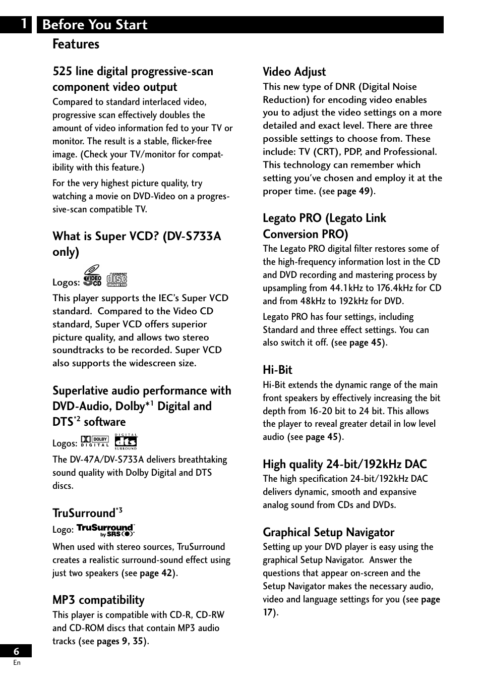 Features, Before you start 1 features | Pioneer DV-S733A User Manual | Page 6 / 72