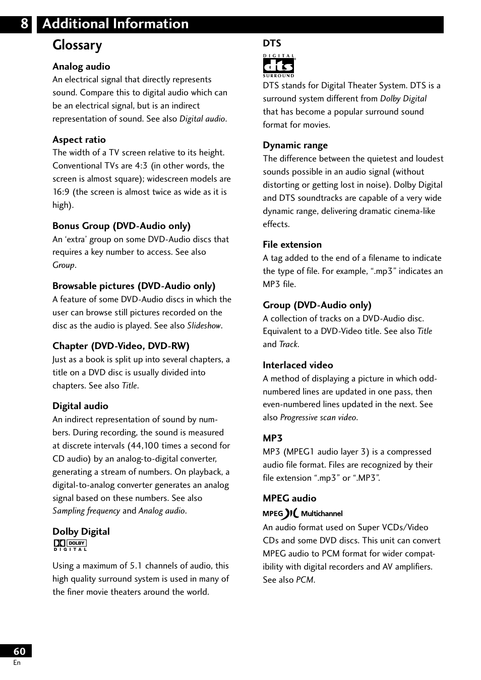 Glossary, Additional information 8 | Pioneer DV-S733A User Manual | Page 60 / 72