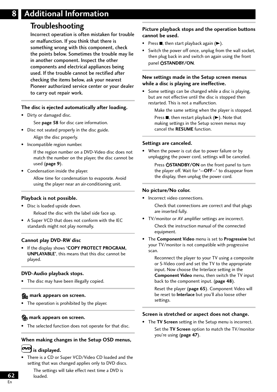 Troubleshooting, Additional information 8 | Pioneer DV-S733A User Manual | Page 62 / 72