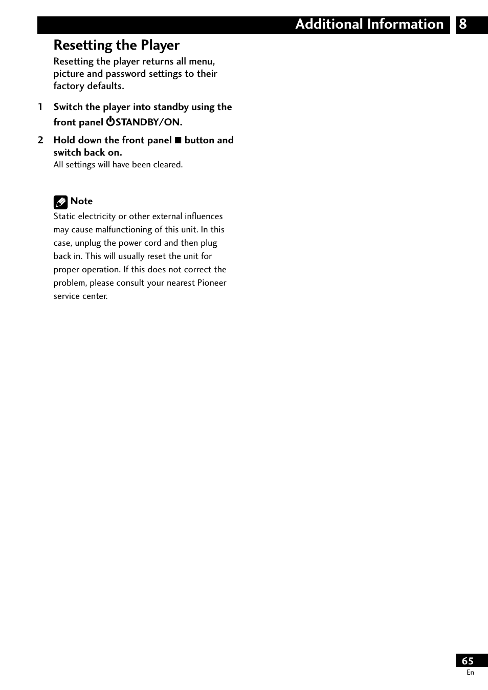 Resetting the player, 8additional information resetting the player | Pioneer DV-S733A User Manual | Page 65 / 72