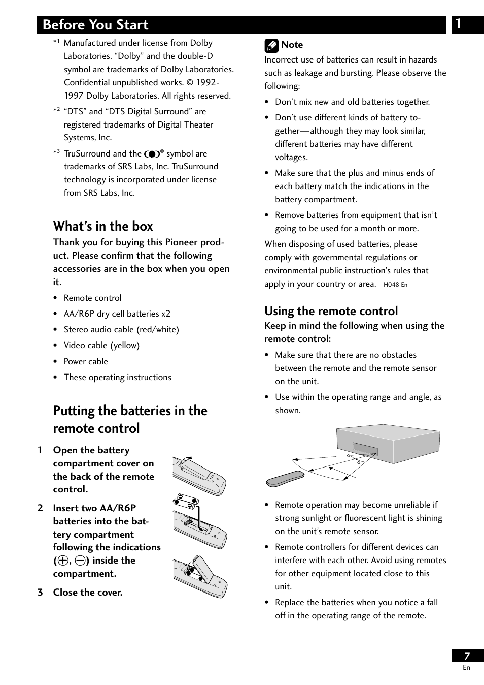 What’s in the box, Putting the batteries in the remote control, Using the remote control | 1before you start | Pioneer DV-S733A User Manual | Page 7 / 72