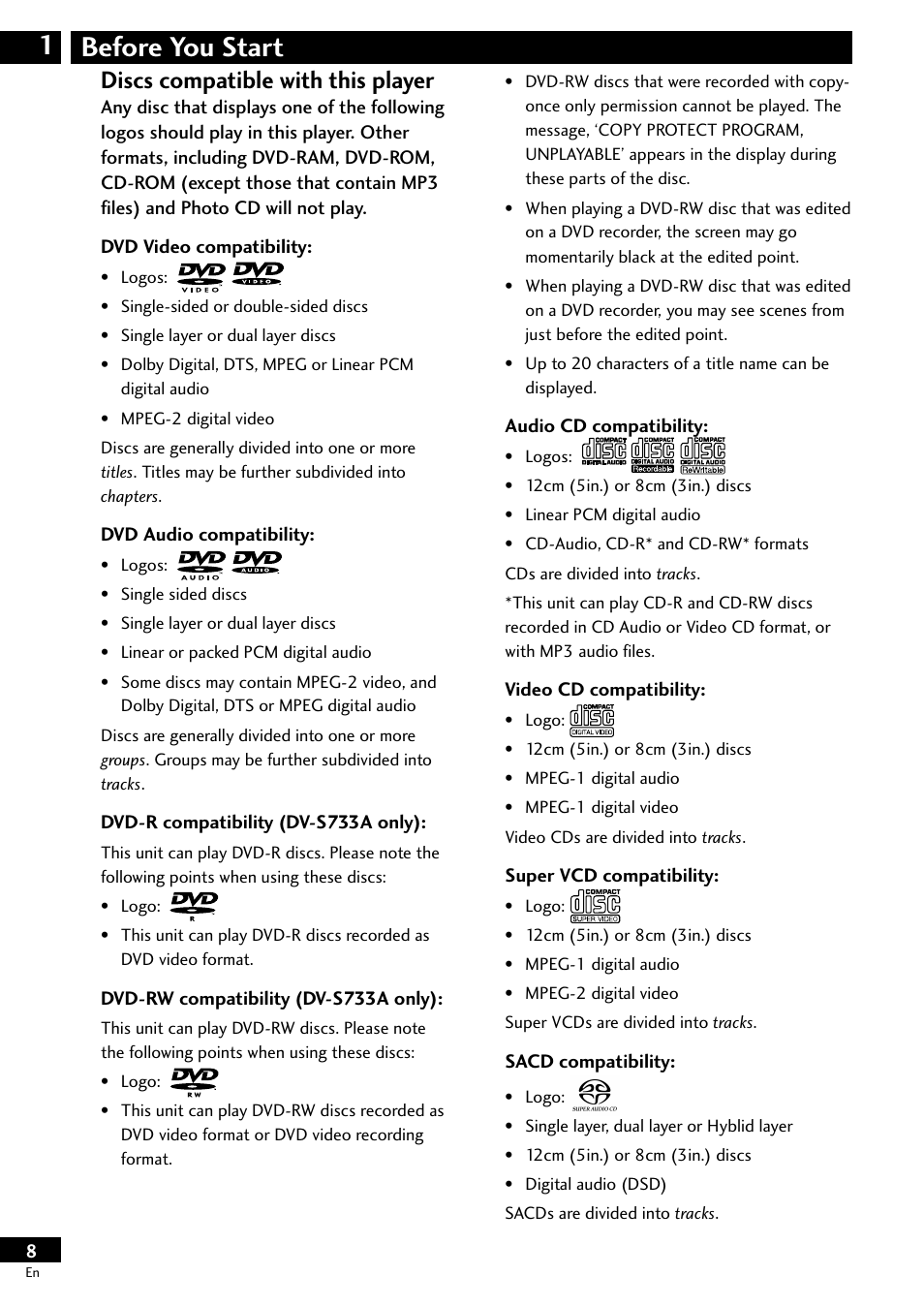 Discs compatible with this player, Before you start 1 | Pioneer DV-S733A User Manual | Page 8 / 72