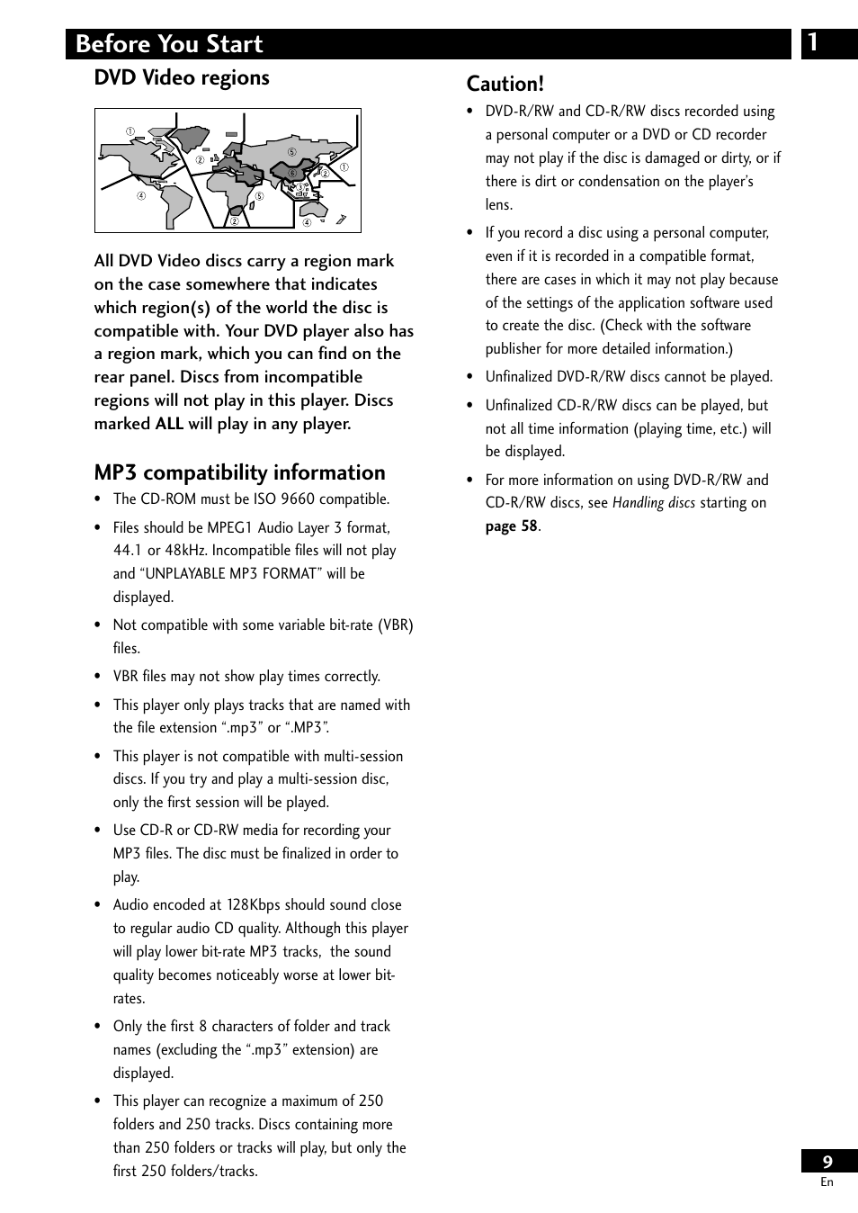 Dvd video regions, Mp3 compatibility information, 1before you start | Caution | Pioneer DV-S733A User Manual | Page 9 / 72