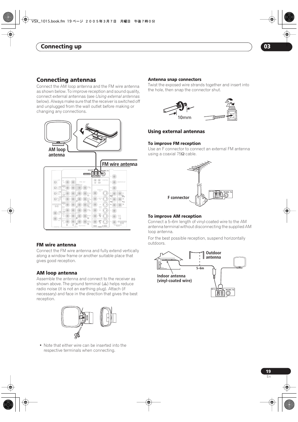 Connecting antennas, Connecting up 03, Fm wire antenna | Am loop antenna, Am loop antenna fm wire antenna, Antenna snap connectors, 10mm, F connector, Outdoor antenna indoor antenna (vinyl-coated wire), Using external antennas | Pioneer VSX-1015-K User Manual | Page 19 / 78