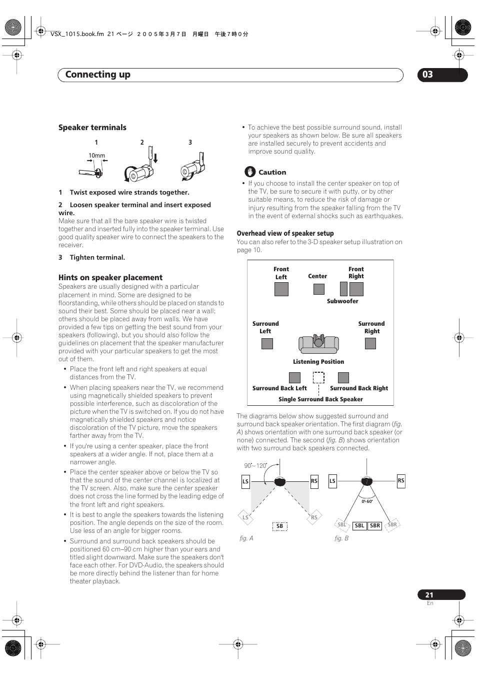 Speaker terminals hints on speaker placement, Connecting up 03 | Pioneer VSX-1015-K User Manual | Page 21 / 78