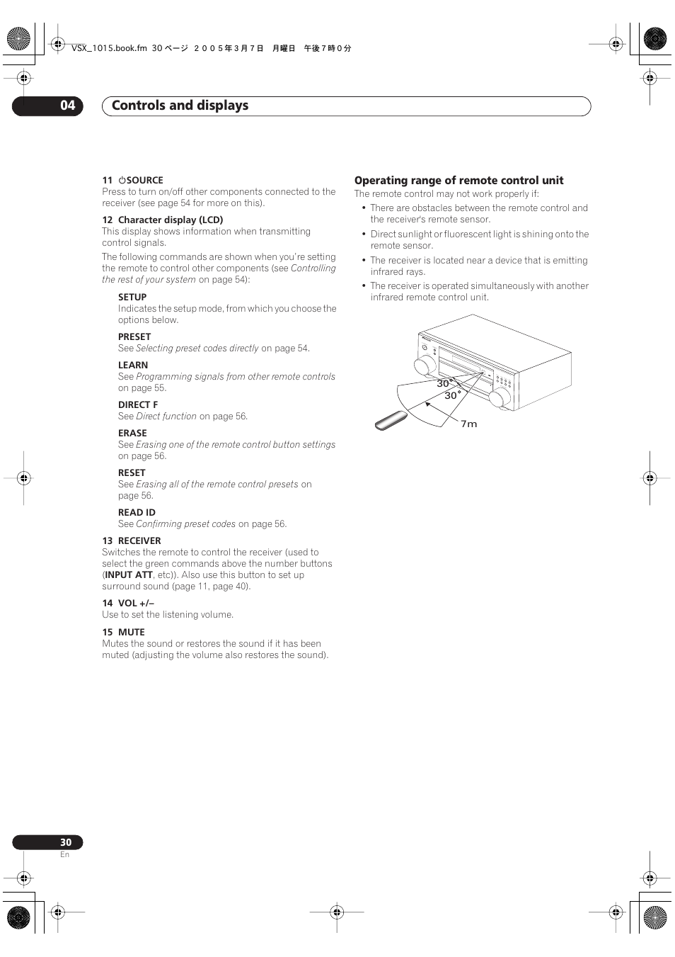 Operating range of remote control unit, Controls and displays 04 | Pioneer VSX-1015-K User Manual | Page 30 / 78