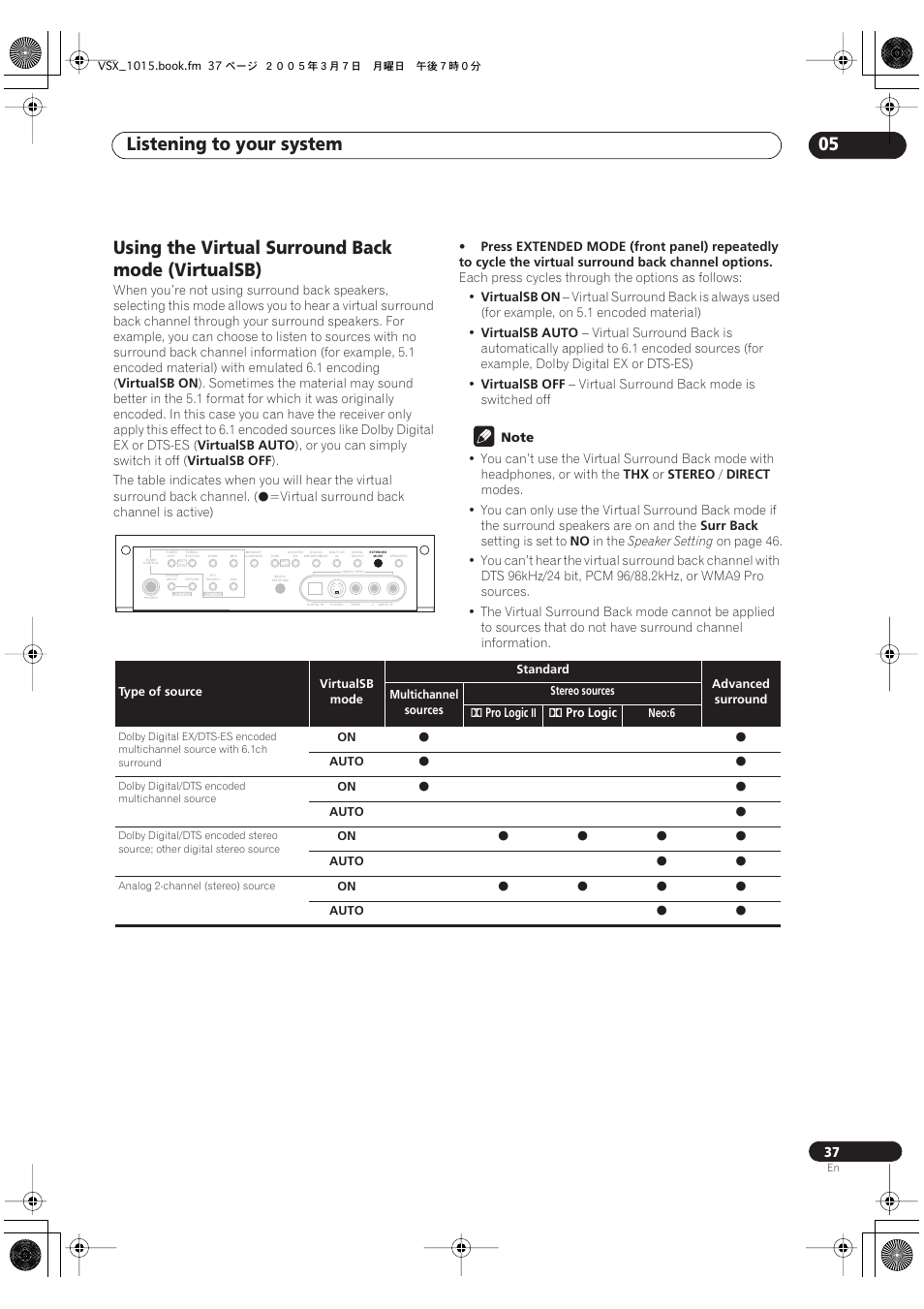 Using the virtual surround back mode (virtualsb), Listening to your system 05 | Pioneer VSX-1015-K User Manual | Page 37 / 78