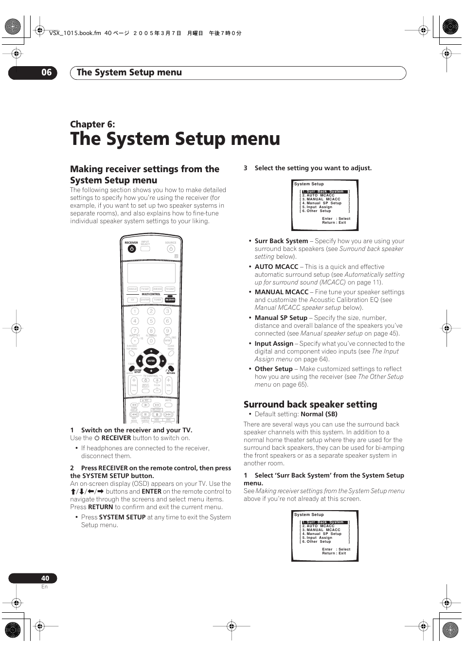 06 the system setup menu, The system setup menu, The system setup menu 06 | Chapter 6, Surround back speaker setting | Pioneer VSX-1015-K User Manual | Page 40 / 78