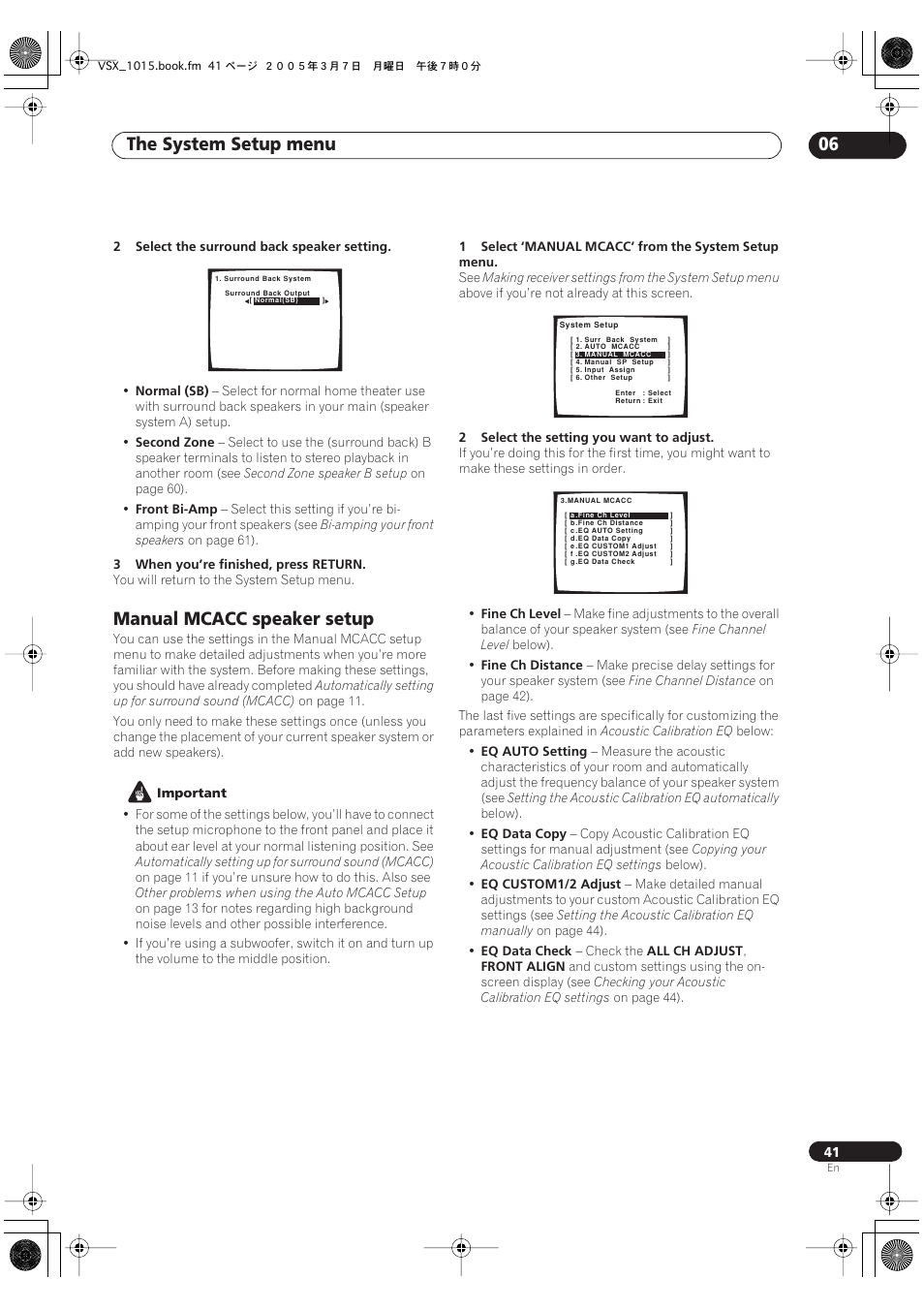 Manual mcacc speaker setup, The system setup menu 06 | Pioneer VSX-1015-K User Manual | Page 41 / 78