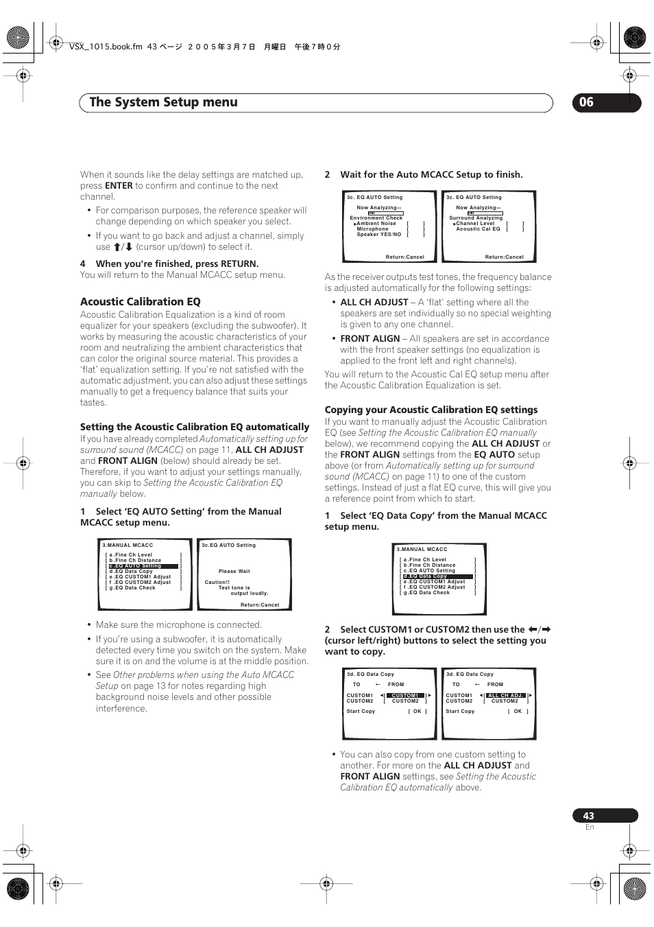 Acoustic calibration eq, The system setup menu 06 | Pioneer VSX-1015-K User Manual | Page 43 / 78