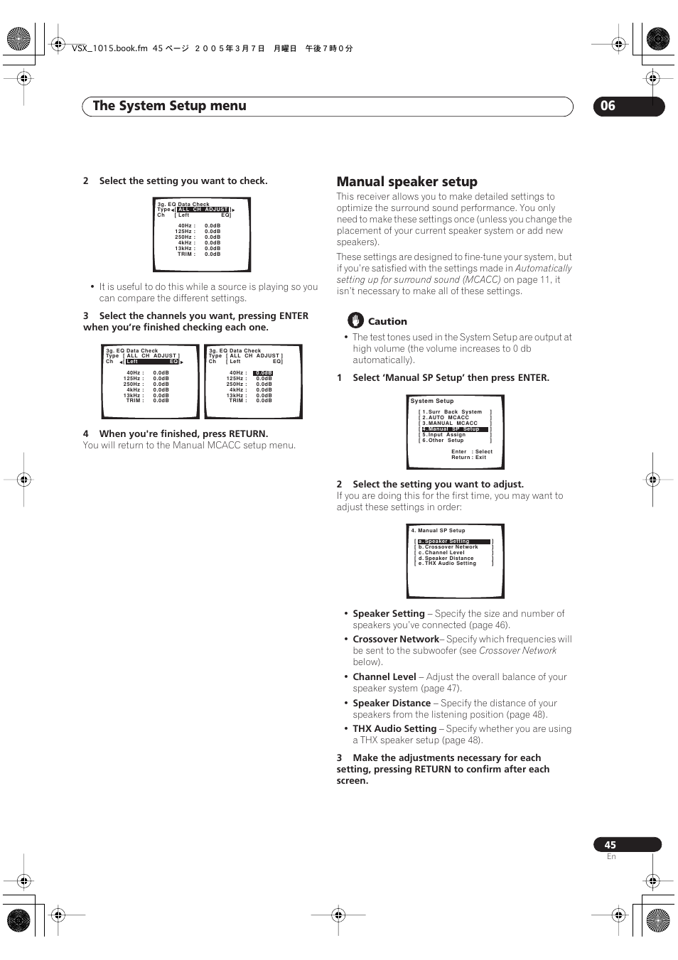 Manual speaker setup, The system setup menu 06 | Pioneer VSX-1015-K User Manual | Page 45 / 78